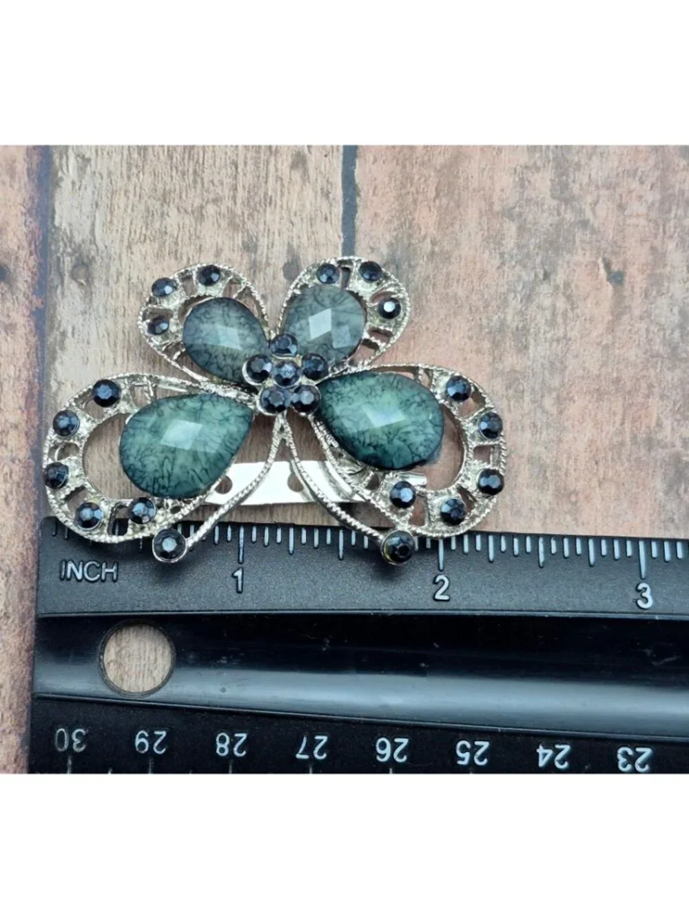 Vintage Butterfly Brooch Silver Tone Gray Marbled Cabochon Black Rhinestone Pin